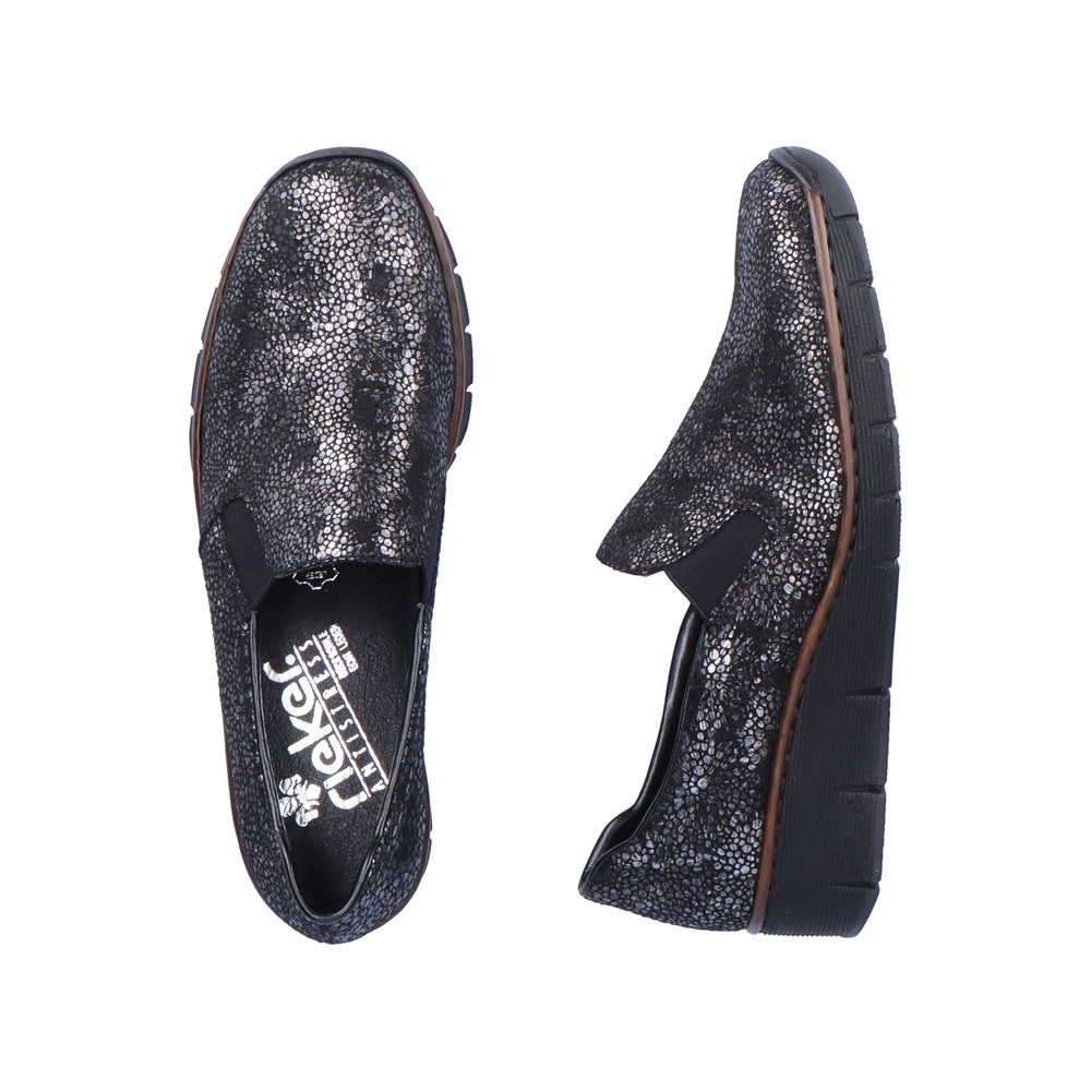 Mocassins Rieker Femme – Noir, Talon 3,5 Cm – Dessus Synthétique, Semelle Intérieure Cuir – Style Perforé Décontracté